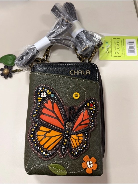 Chala Handbags - Chala Olive and Orange Butterfly Crossbody Wallet